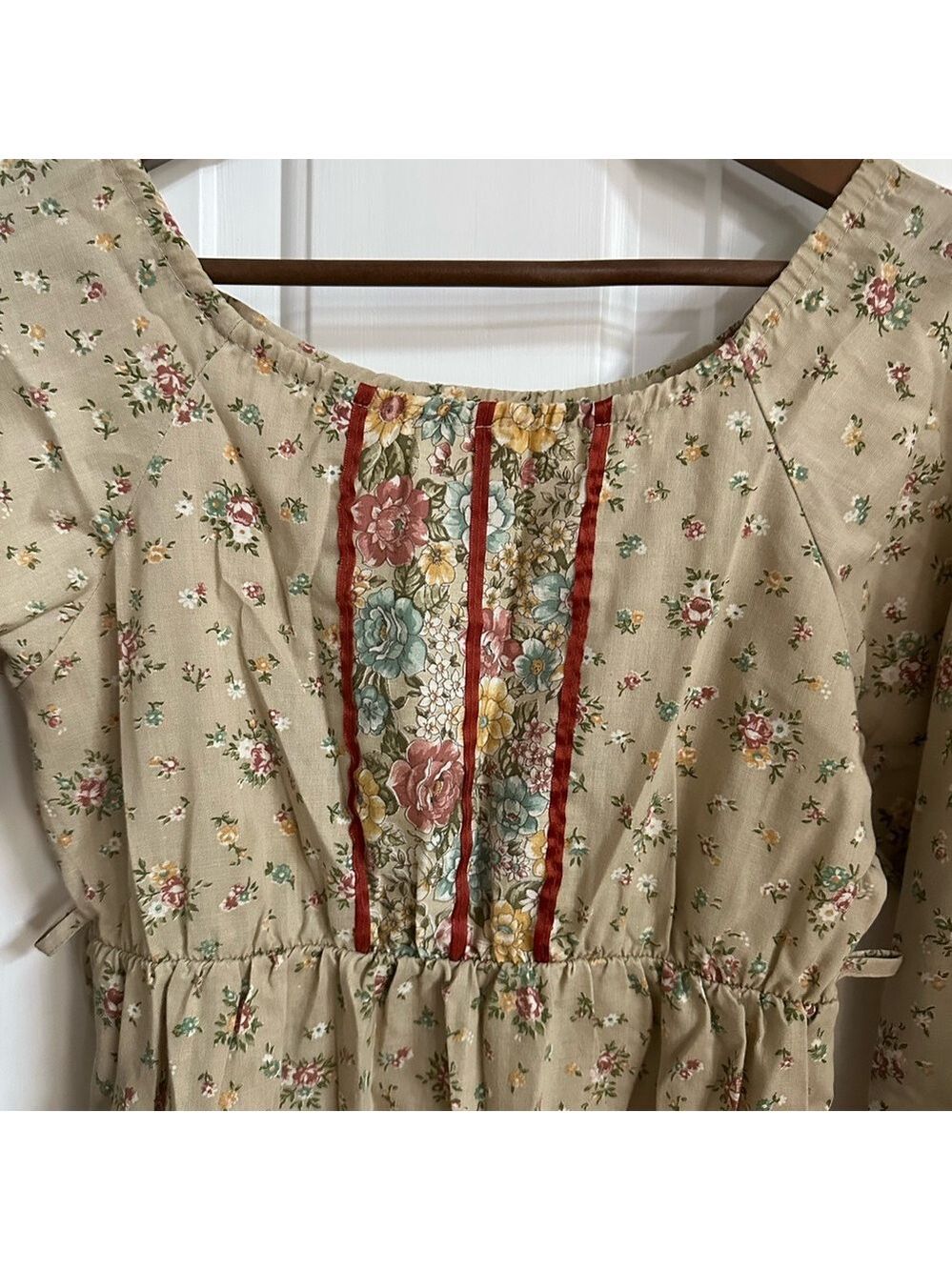 Vintage 1970's Boho Mini Prairie Dress Tunic Top Cream Floral Print Sz xs /child - Picture 4 of 14